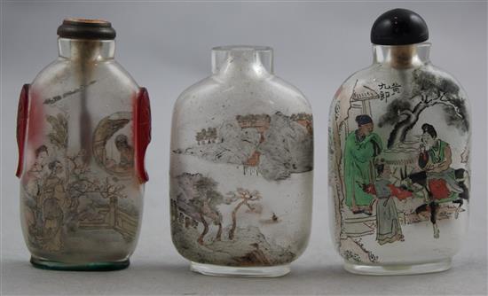 Three Chinese inside-painted glass snuff bottles, 20th century, Richards no.s 264, 171, 170